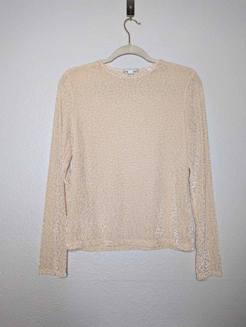 Vince Cream Textured Leaf Floral Velvet Burnout Long Sleeve Crewneck Top L
